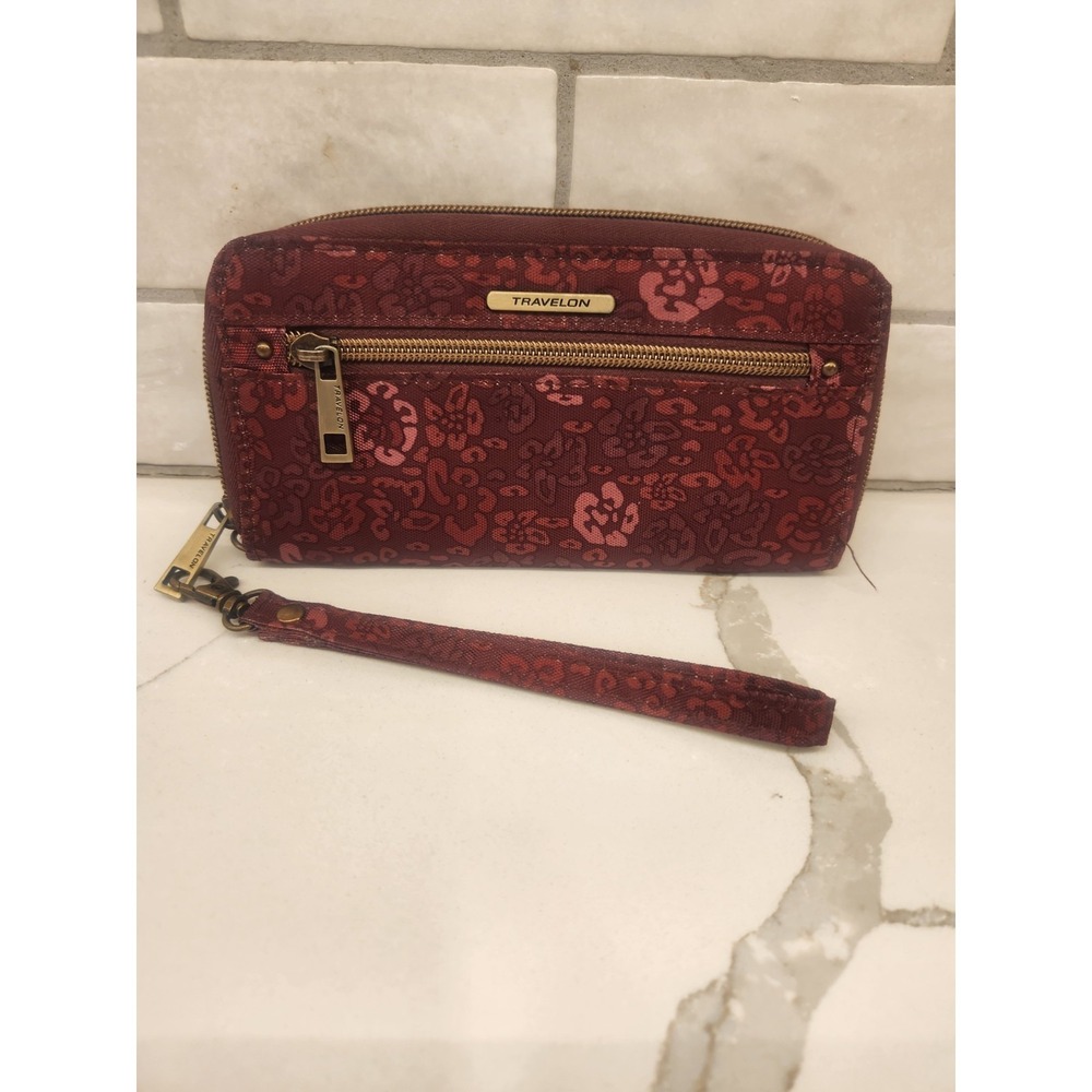 Travelon‎ Safe ID Burgundy Florals Zip Around Wallet Wristlet with RFID Blocking